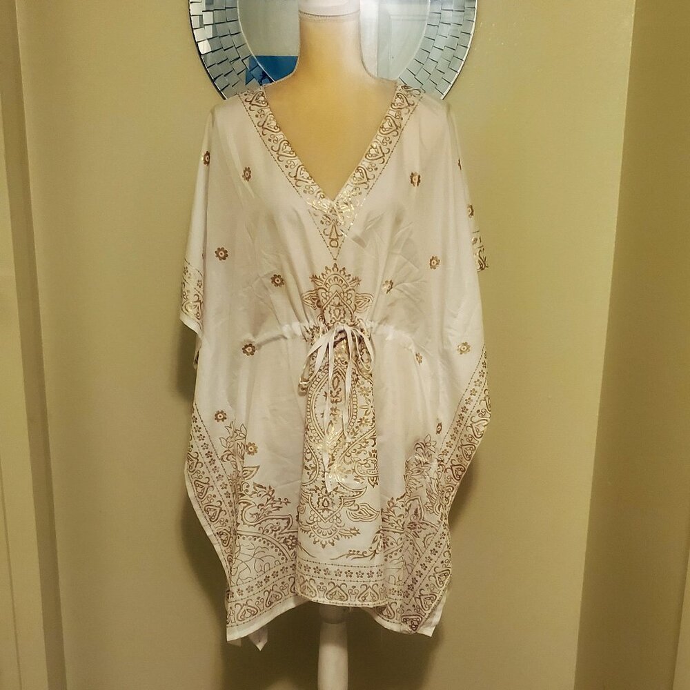 Women's Kaftan Dress White Gold Sz L EUC